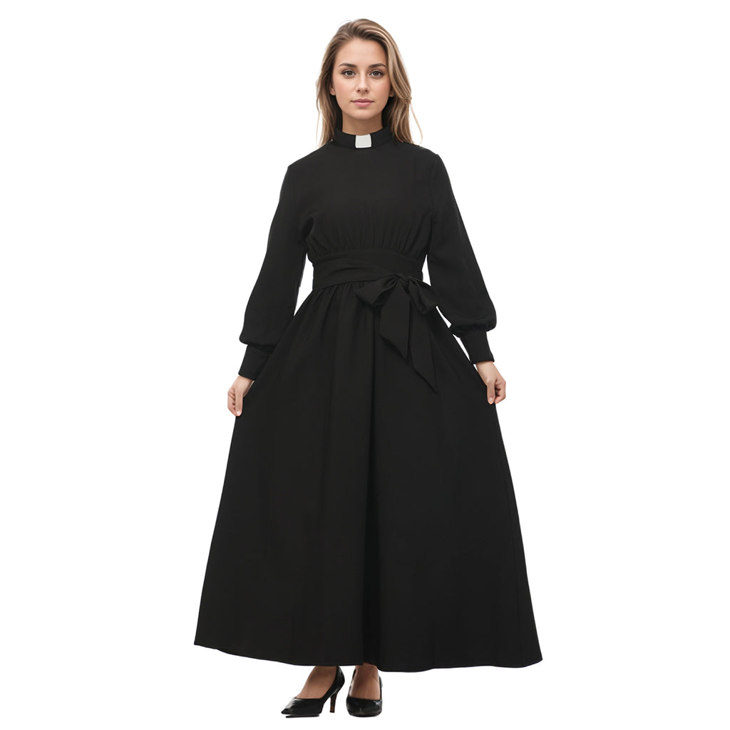 Blessume Women's Clergy Maxi Dress Long Sleeve with Belt & Tab Collar for Ministry