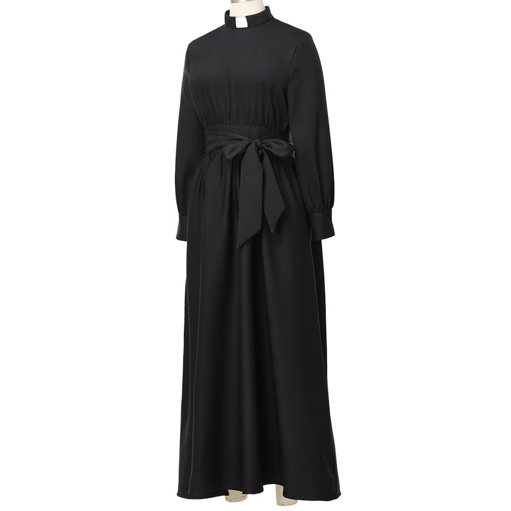 Blessume Women's Clergy Maxi Dress Long Sleeve with Belt & Tab Collar for Ministry