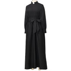 Blessume Women's Clergy Maxi Dress Long Sleeve with Belt & Tab Collar for Ministry