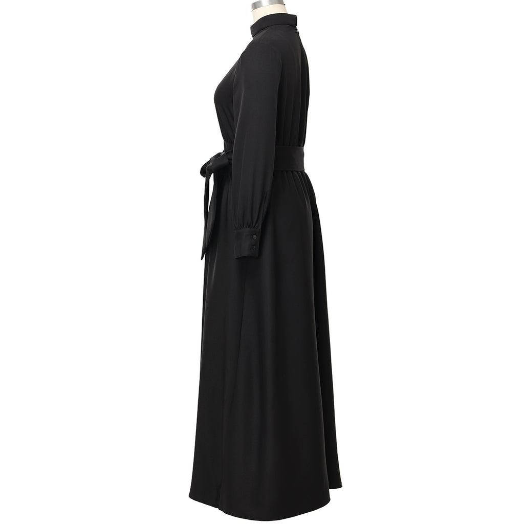 Blessume Women's Clergy Maxi Dress Long Sleeve with Belt & Tab Collar for Ministry
