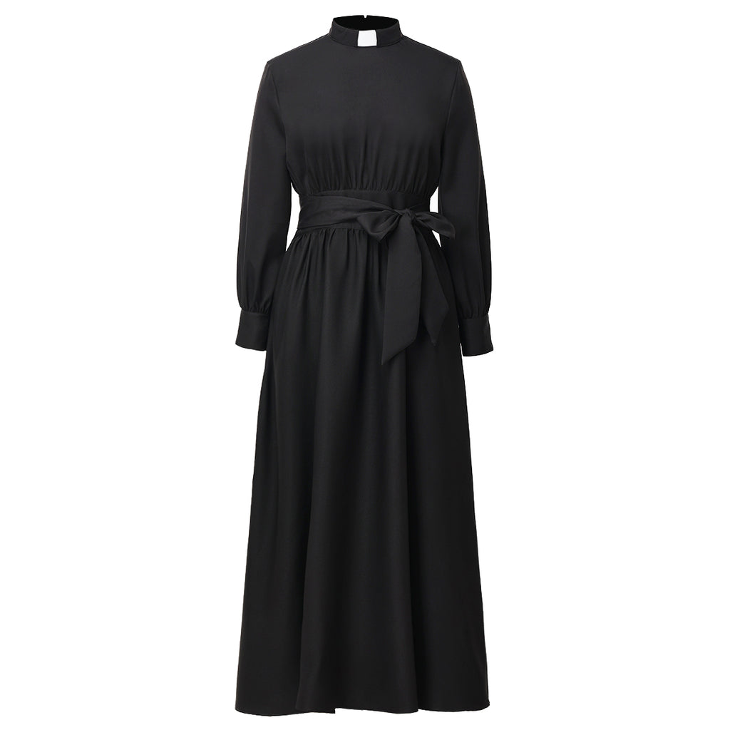 Blessume Women's Clergy Maxi Dress Long Sleeve with Belt & Tab Collar for Ministry
