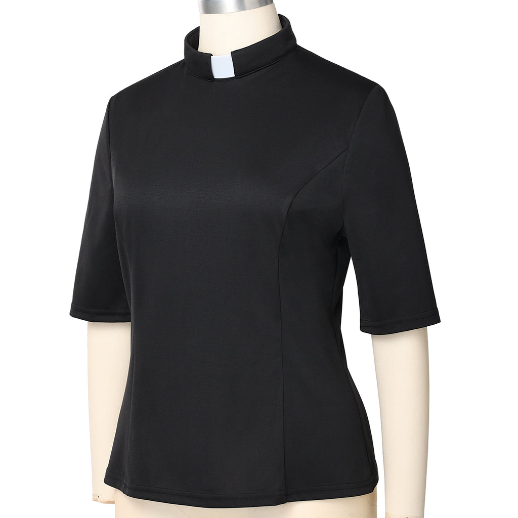 Blessume Elbow Sleeve Clergy Blouse with Tab Collar