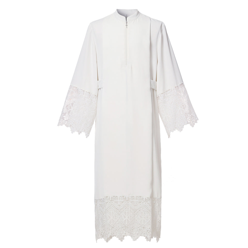 Blessume White Clergy Alb with Lace - Zipper Front Stand Collar