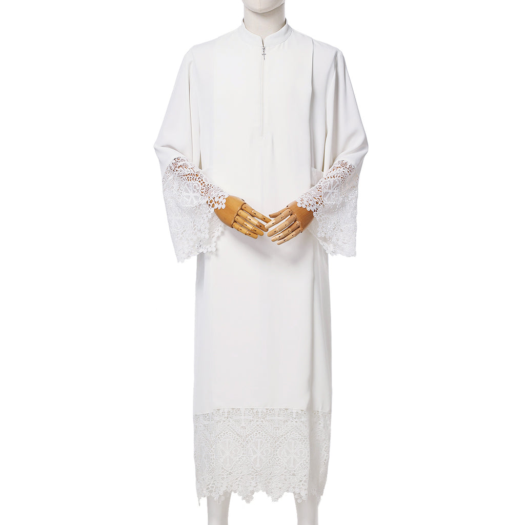 Blessume White Clergy Alb with Lace - Zipper Front Stand Collar