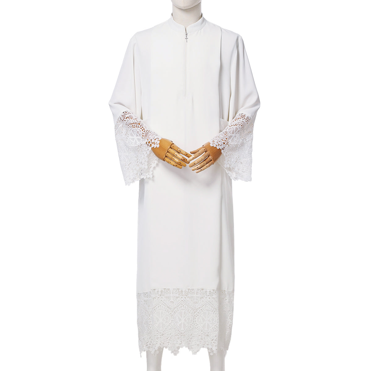 Blessume White Clergy Alb with Lace - Zipper Front Stand Collar