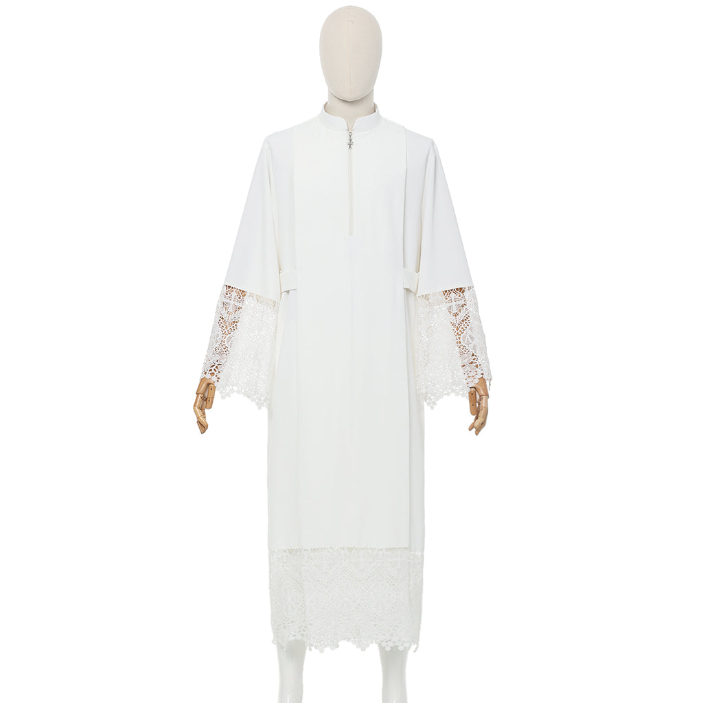 Blessume White Clergy Alb with Lace - Zipper Front Stand Collar