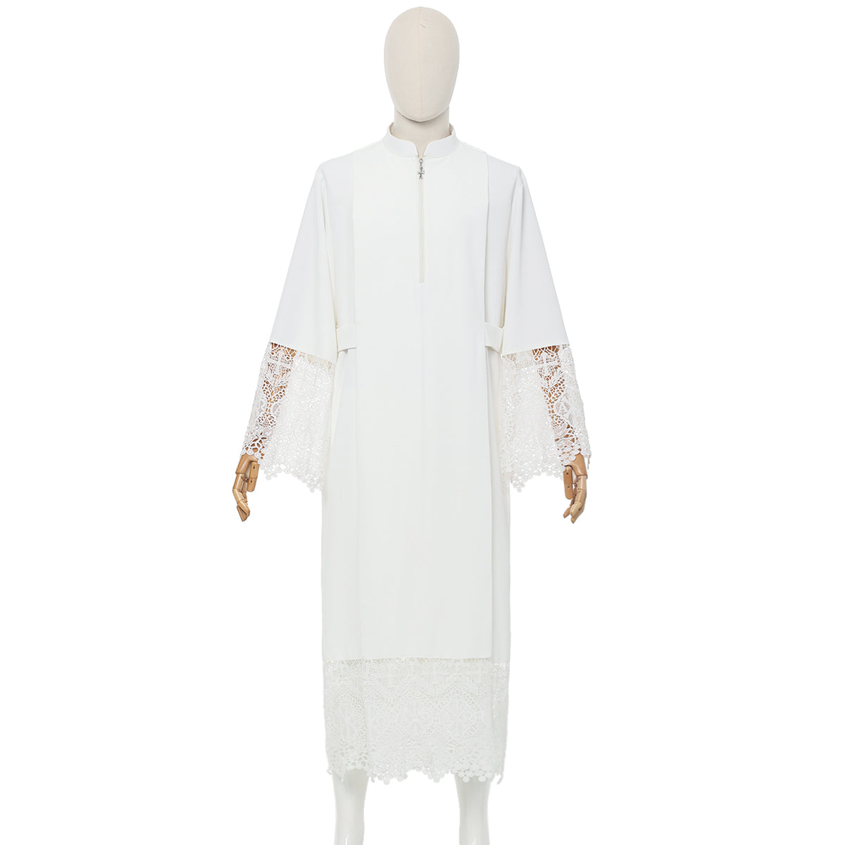 Blessume White Clergy Alb with Lace - Zipper Front Stand Collar