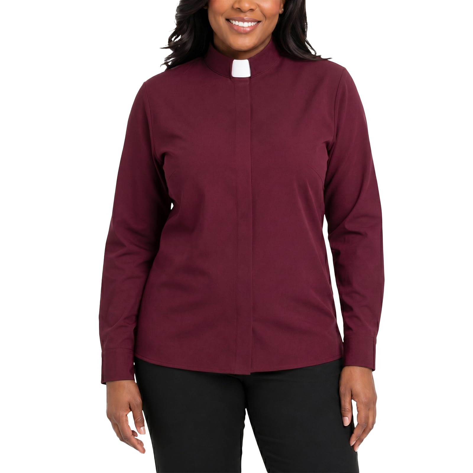Women's Long Sleeve Tab Collar Clergy Shirt Regular Fit Hidden Placket Blouse for Pastor Minister Church Attire