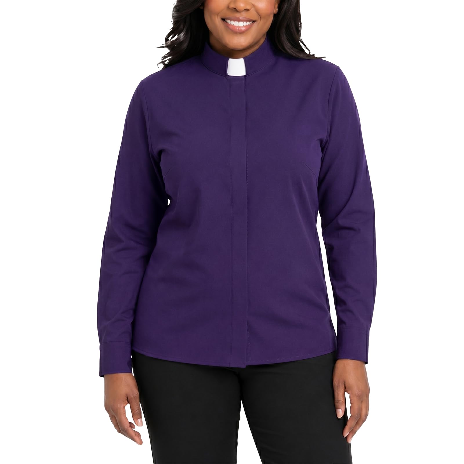 Women's Long Sleeve Tab Collar Clergy Shirt Regular Fit Hidden Placket Blouse for Pastor Minister Church Attire