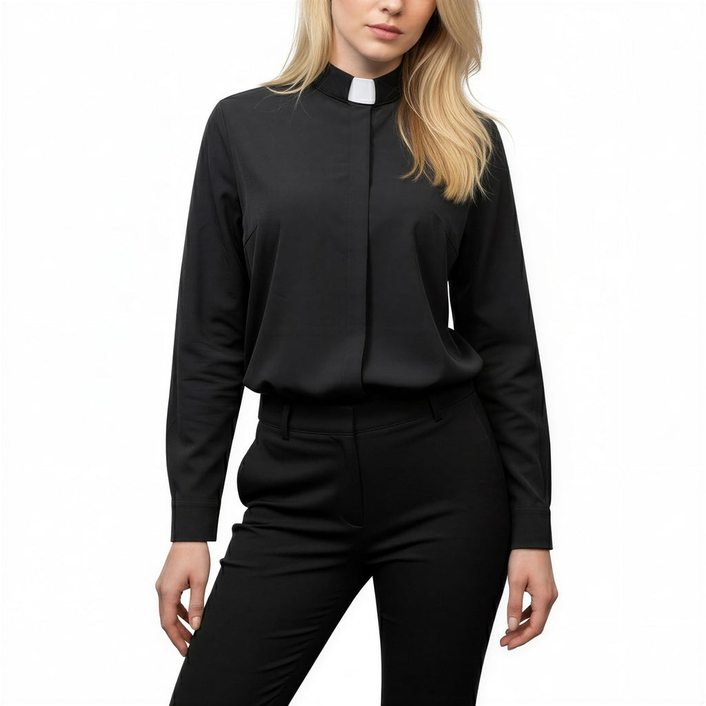 Women's Long Sleeve Tab Collar Clergy Shirt Regular Fit Hidden Placket Blouse for Pastor Minister Church Attire