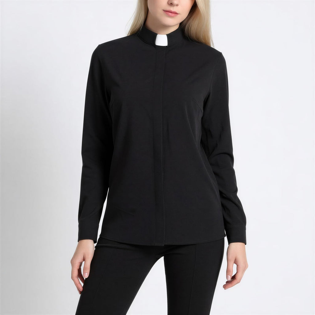 Women's Long Sleeve Tab Collar Clergy Shirt Regular Fit Hidden Placket Blouse for Pastor Minister Church Attire