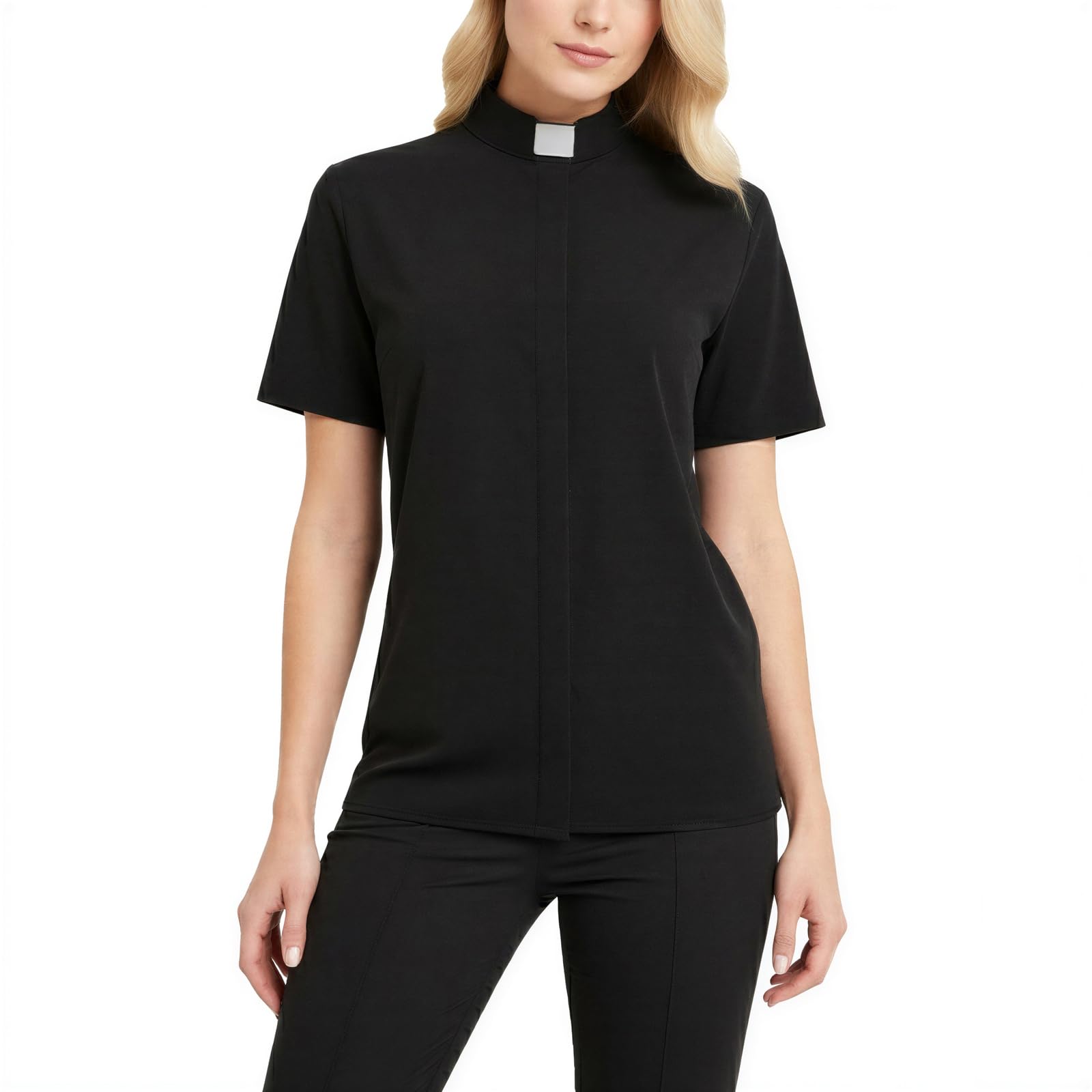 Women's Short Sleeve Clergy Shirt Tab Collar Hidden Button Placket Pastor Minister Preacher Blouse