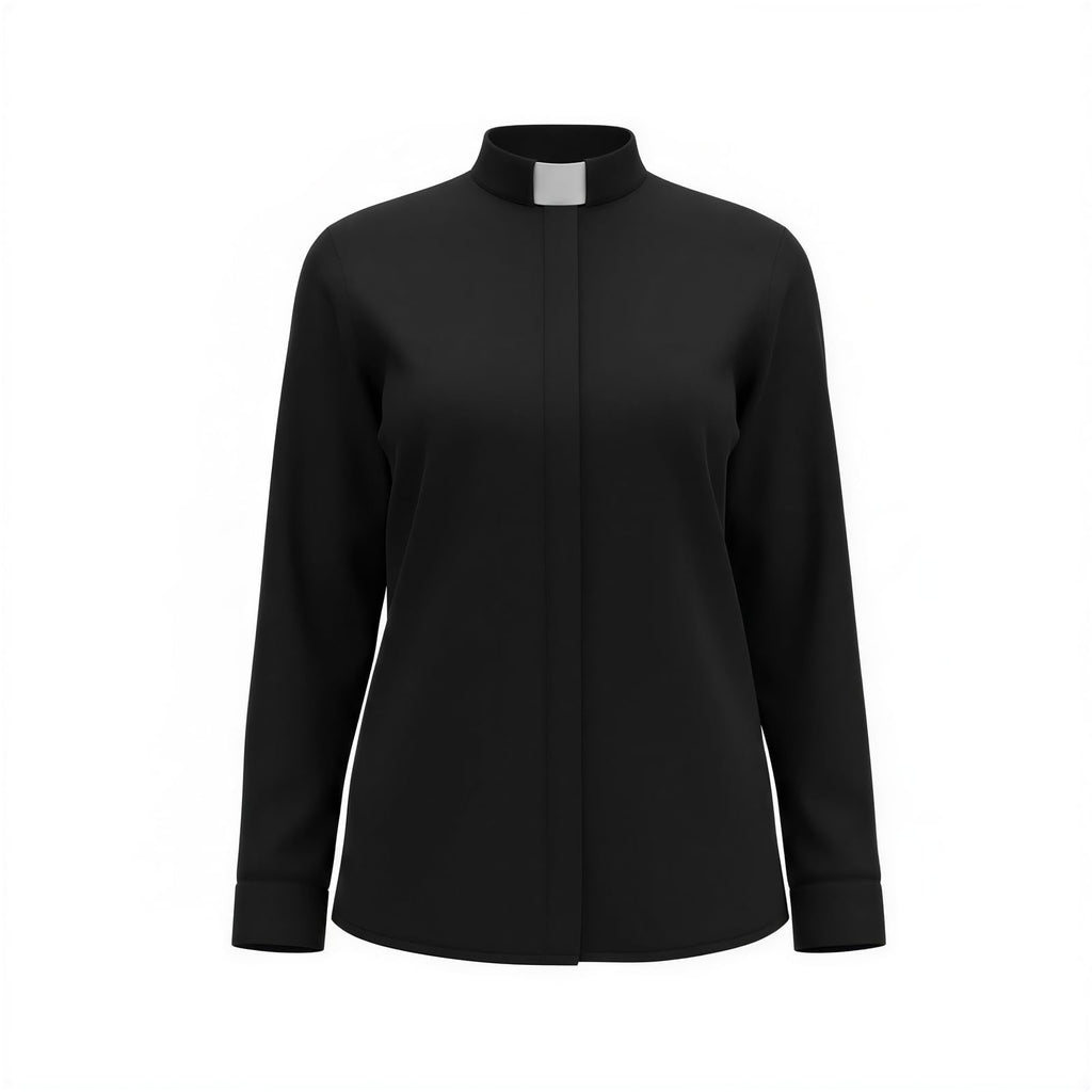Women's Long Sleeve Tab Collar Clergy Shirt Regular Fit Hidden Placket Blouse for Pastor Minister Church Attire