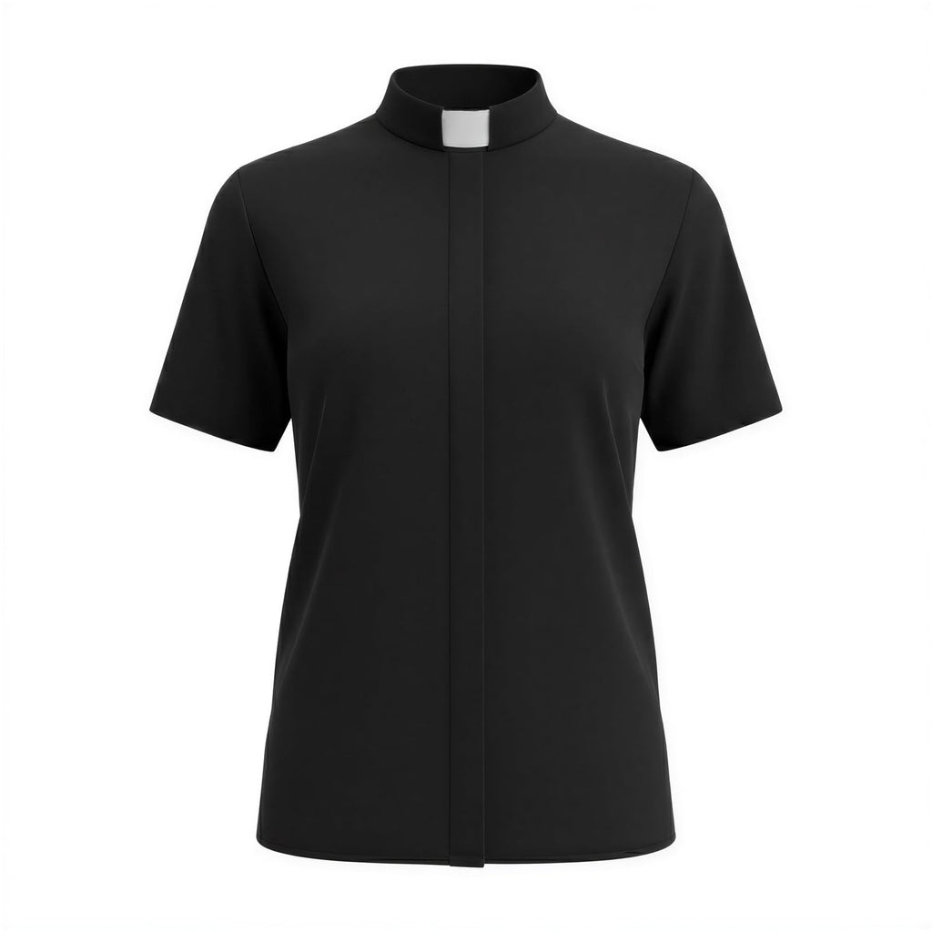 Women's Short Sleeve Clergy Shirt Tab Collar Hidden Button Placket Pastor Minister Preacher Blouse