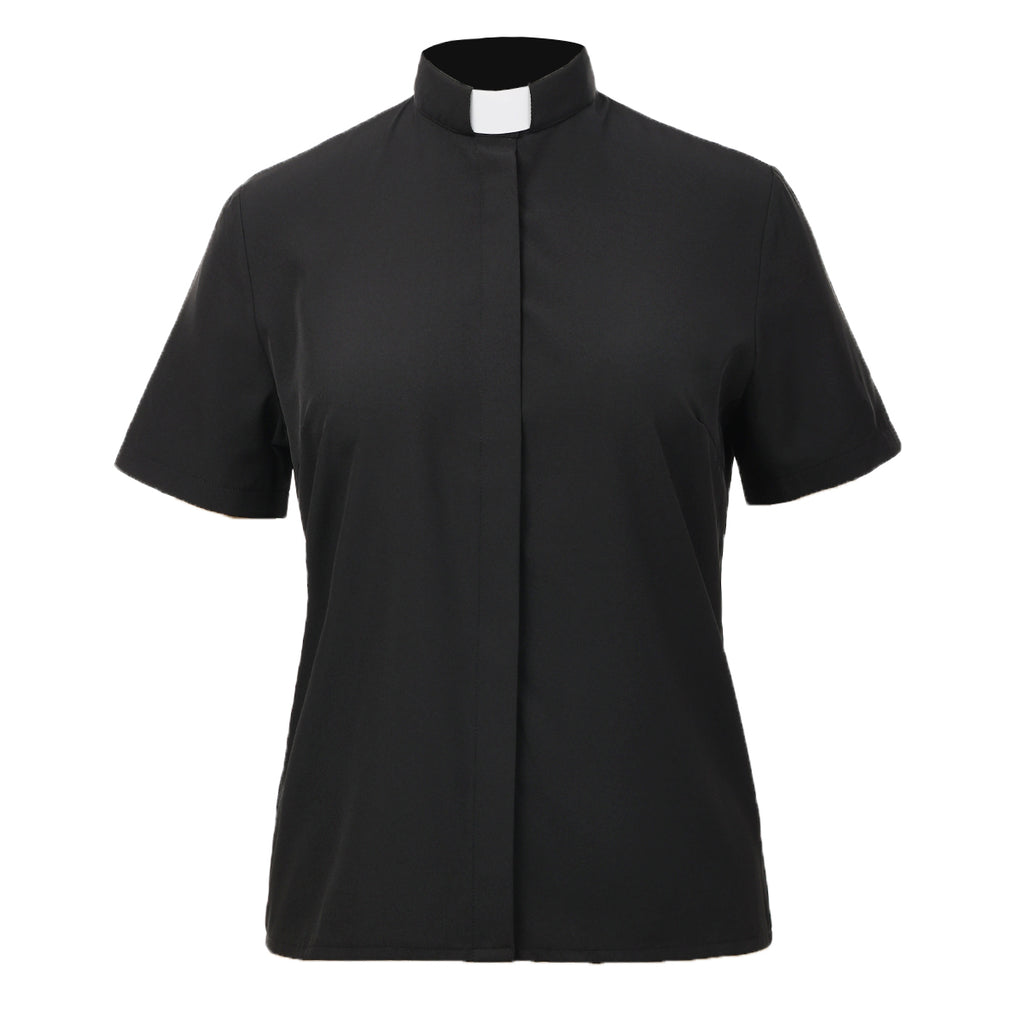 Blessume Women's Clergy Shirt Tab-Collar Hidden Button Short-Sleeve Blouse