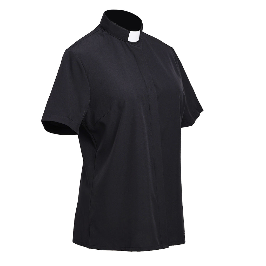 Blessume Women's Clergy Shirt Tab-Collar Hidden Button Short-Sleeve Blouse