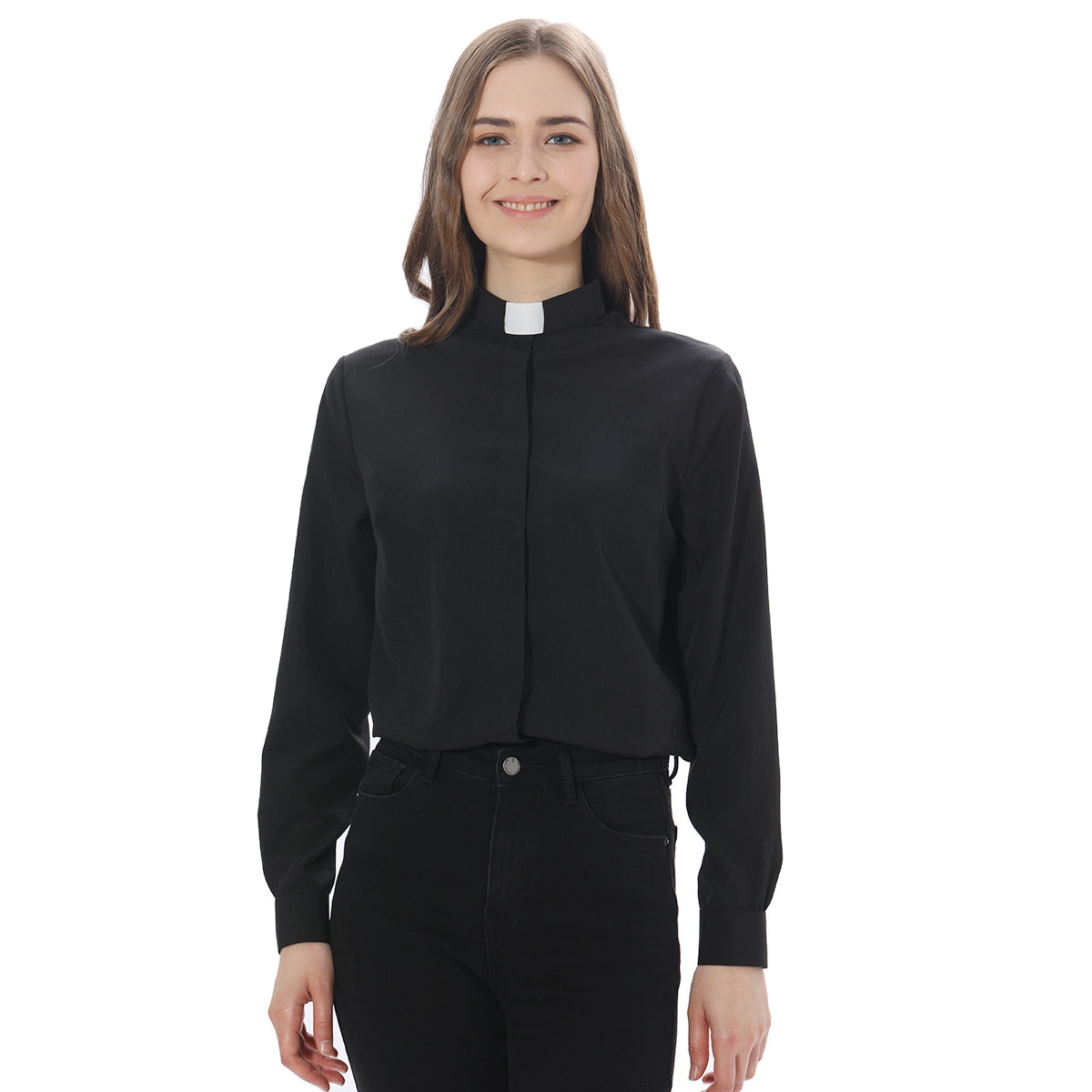Blessume Women's Tab-Collar Clergy Shirt Hidden Button Long-Sleeve Blouse