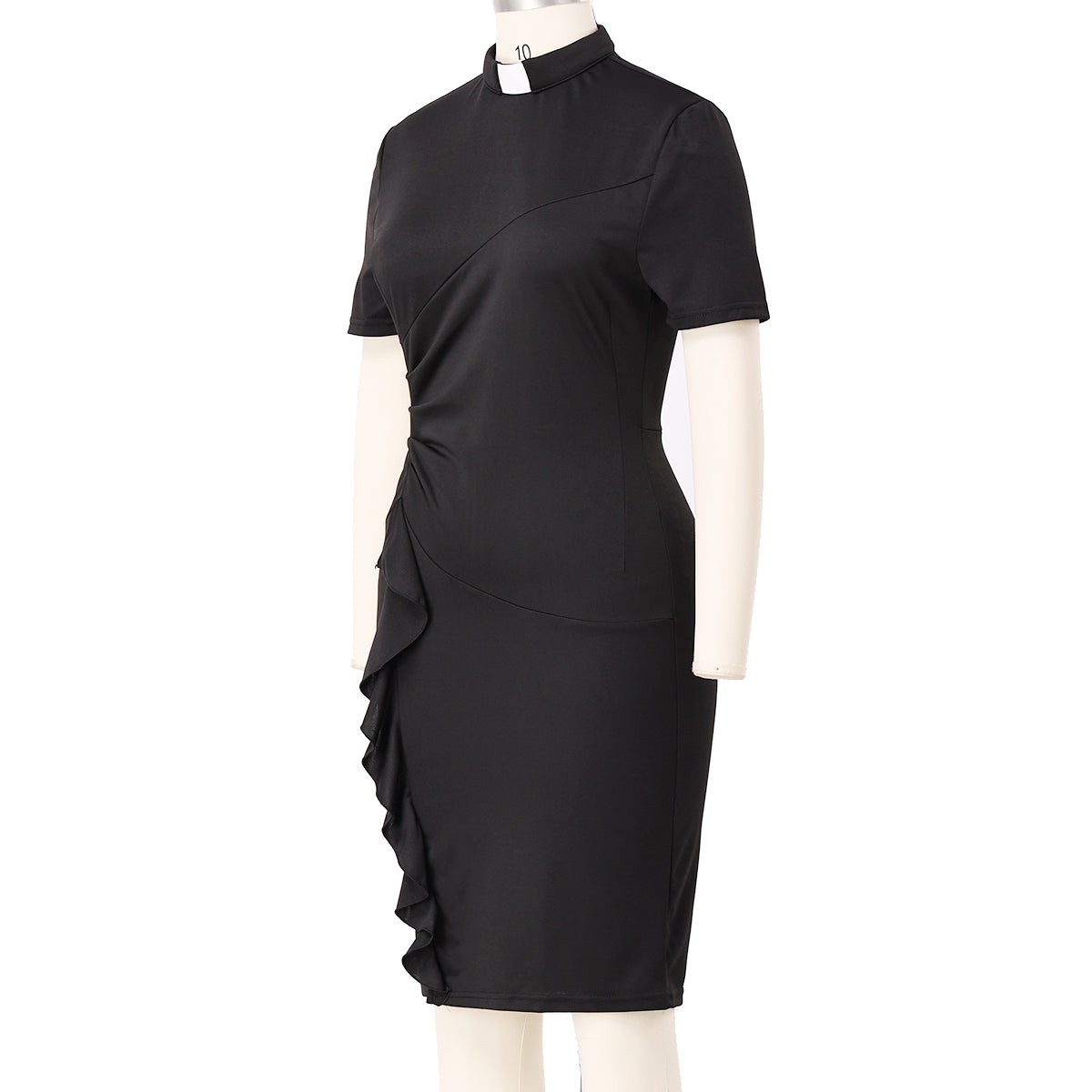 Blessume Women's Tab Collar Clergy Pencil Dress with Side Ruffles