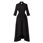 Blessume Women's Clergy Maxi Dress Elegant A-Line with Tab Collar & Waist Tie