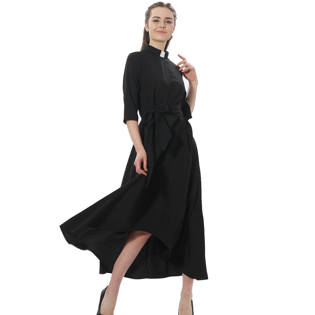 Blessume Women's Clergy Maxi Dress Elegant A-Line with Tab Collar & Waist Tie