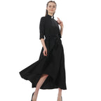 Blessume Women's Clergy Maxi Dress Elegant A-Line with Tab Collar & Waist Tie