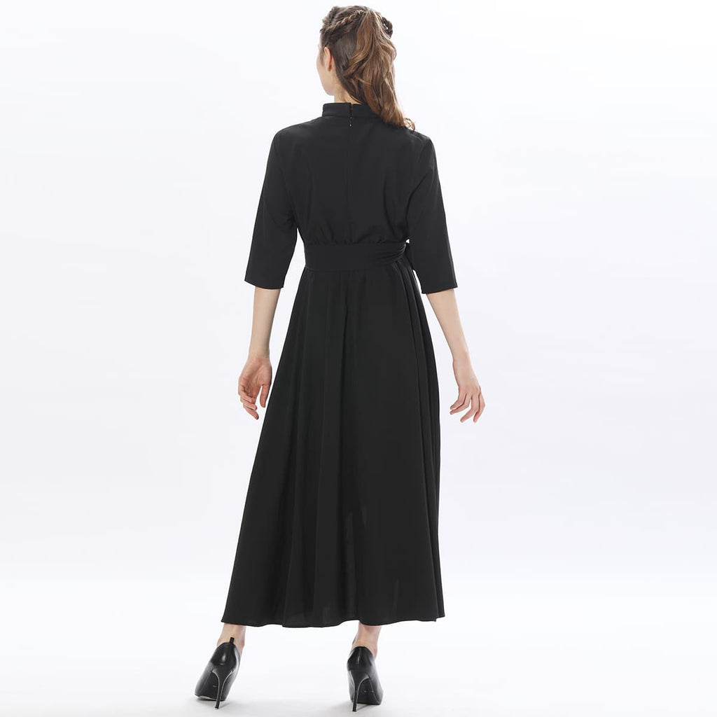 Blessume Women's Clergy Maxi Dress Elegant A-Line with Tab Collar & Waist Tie