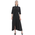 Blessume Women's Clergy Maxi Dress Elegant A-Line with Tab Collar & Waist Tie