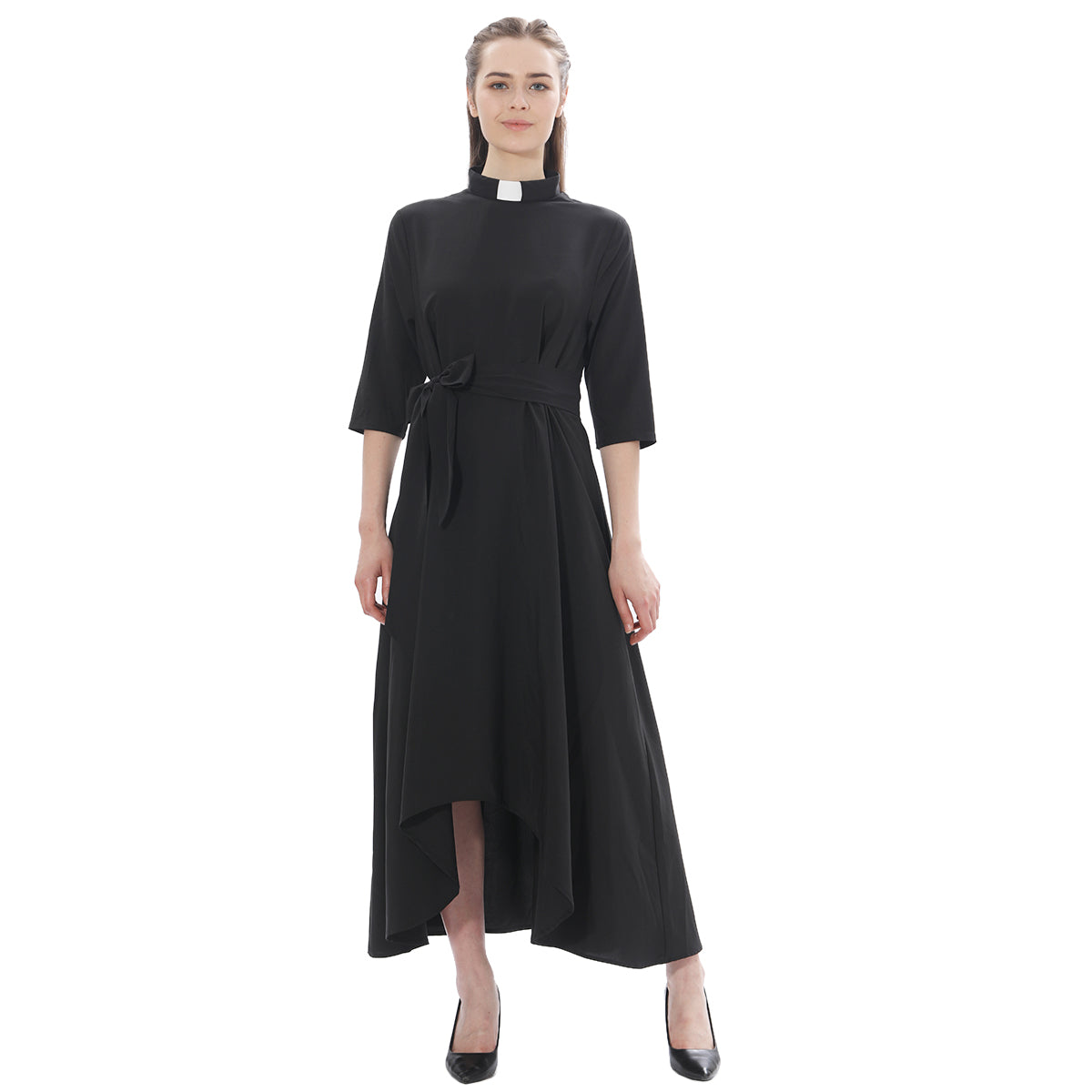 Blessume Women's Clergy Maxi Dress Elegant A-Line with Tab Collar & Waist Tie