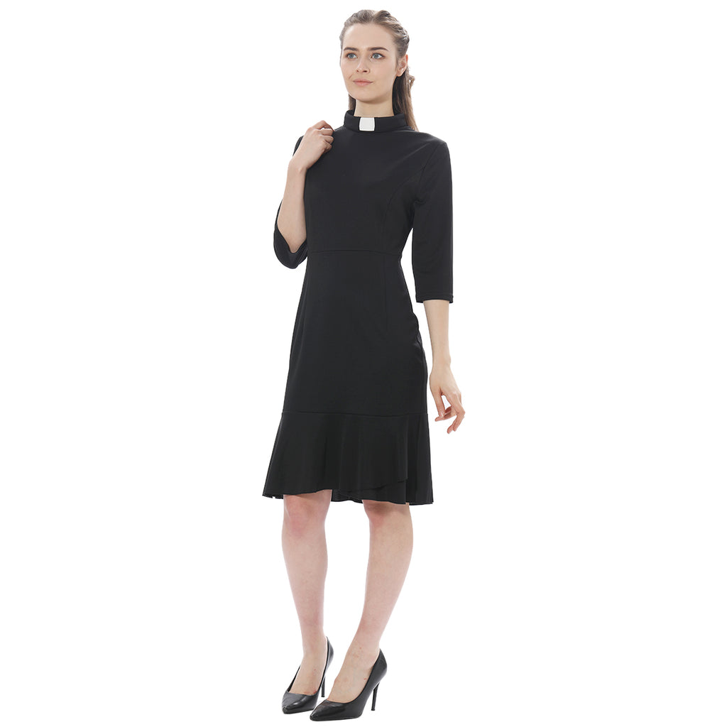 Blessume Women's Clergy Fishtail Dress Elegant 3/4 Sleeve with Tab Collar