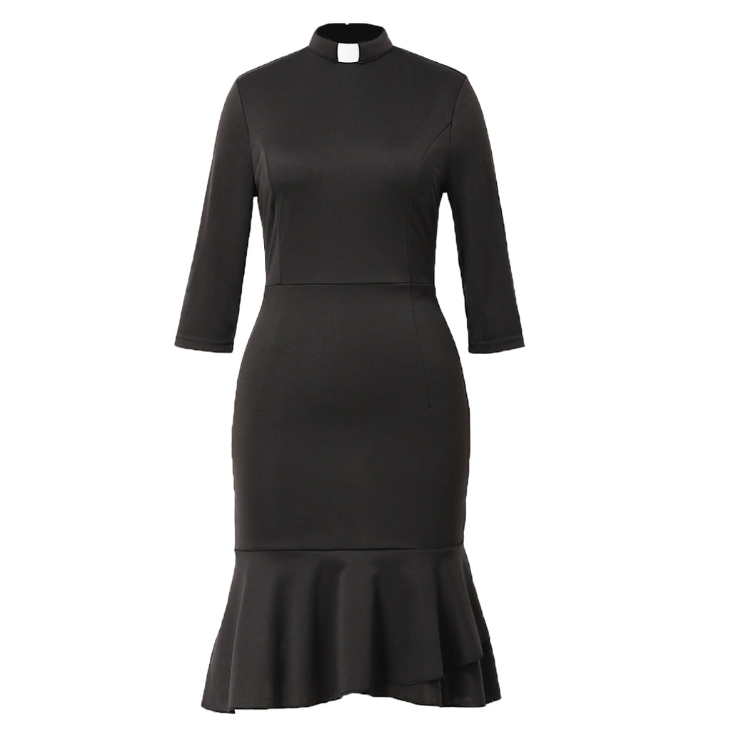 Blessume Women's Clergy Fishtail Dress Elegant 3/4 Sleeve with Tab Collar