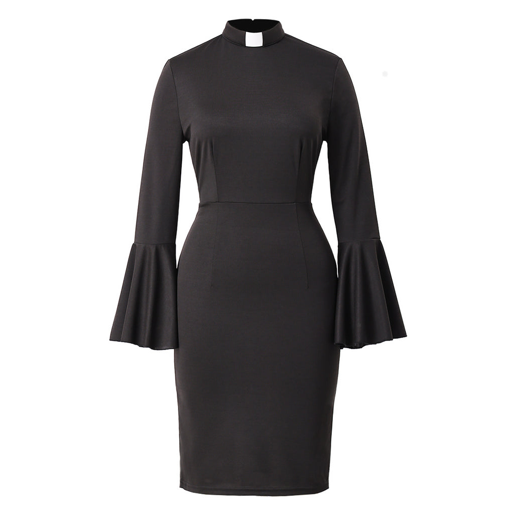 Blessume Women's Clergy Pencil Dress Bell-Sleeved with Tab Collar