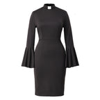 Blessume Women's Clergy Pencil Dress Bell-Sleeved with Tab Collar
