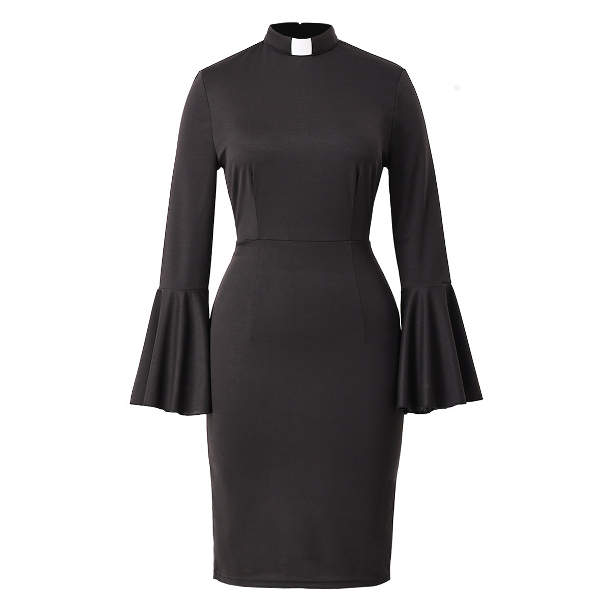 Blessume Women's Clergy Pencil Dress Bell-Sleeved with Tab Collar