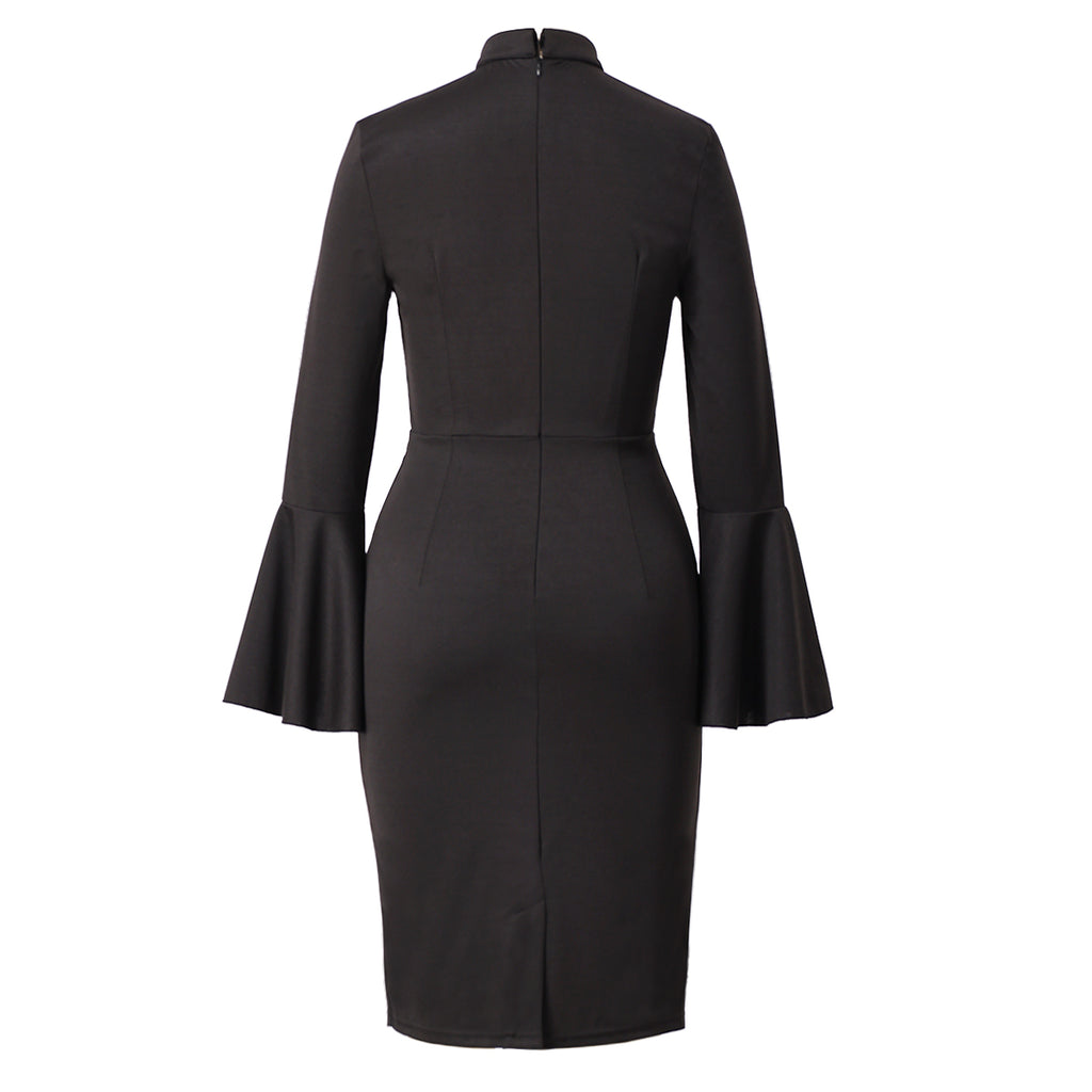 Blessume Women's Clergy Pencil Dress Bell-Sleeved with Tab Collar