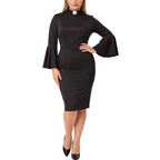 Blessume Women's Clergy Pencil Dress Bell-Sleeved with Tab Collar