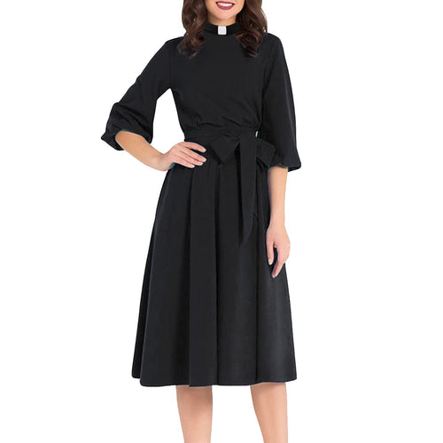 Blessume Clergy A-Line Dress 3/4 Sleeve with Tab Collar & Waist Tie