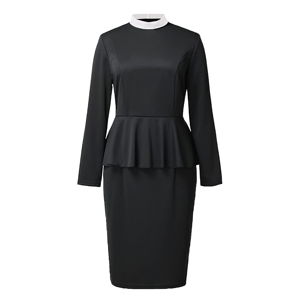 Blessume Women's Clergy Peplum Pencil Dress Long Sleeve with Full Collar