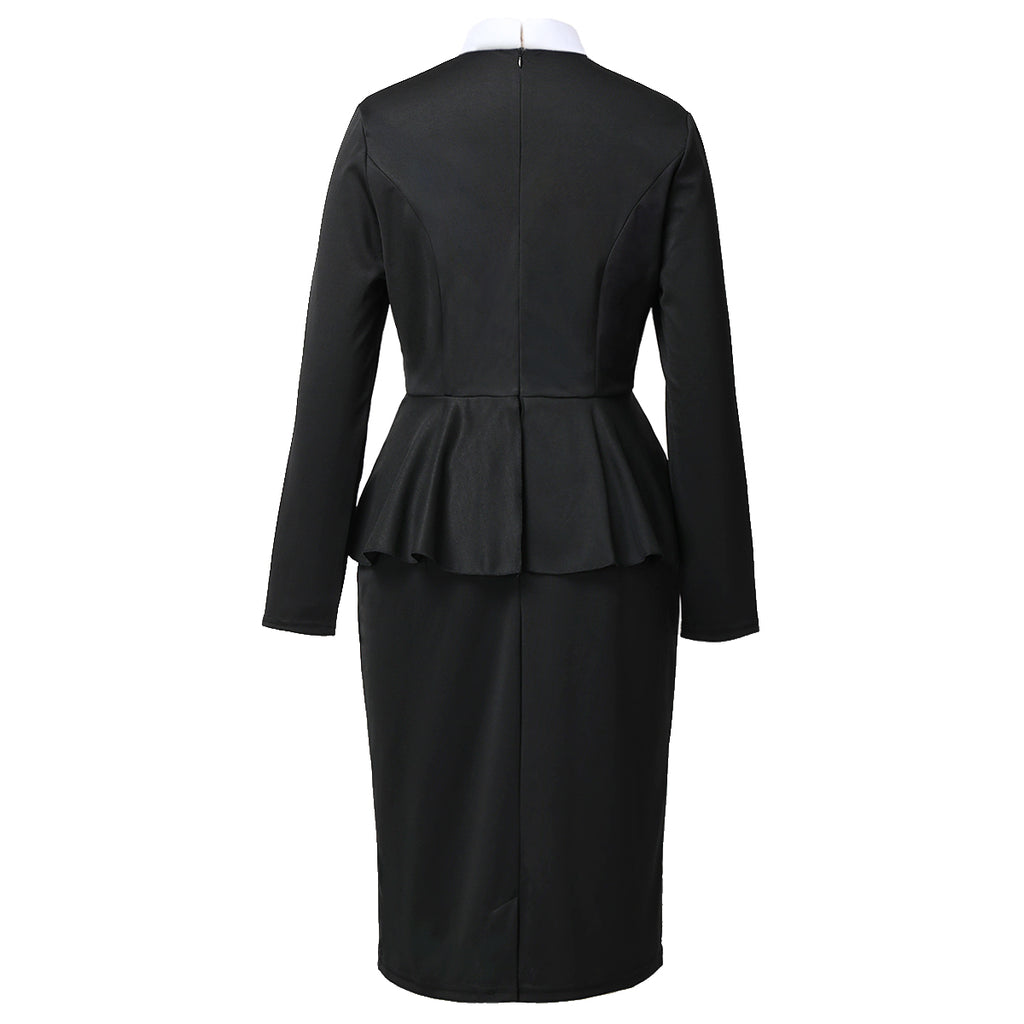 Blessume Women's Clergy Peplum Pencil Dress Long Sleeve with Full Collar