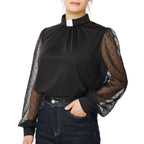 Blessume Women's Long Sleeve Clergy Blouse Mesh Lantern Sleeve Shirt with Tab-Collar