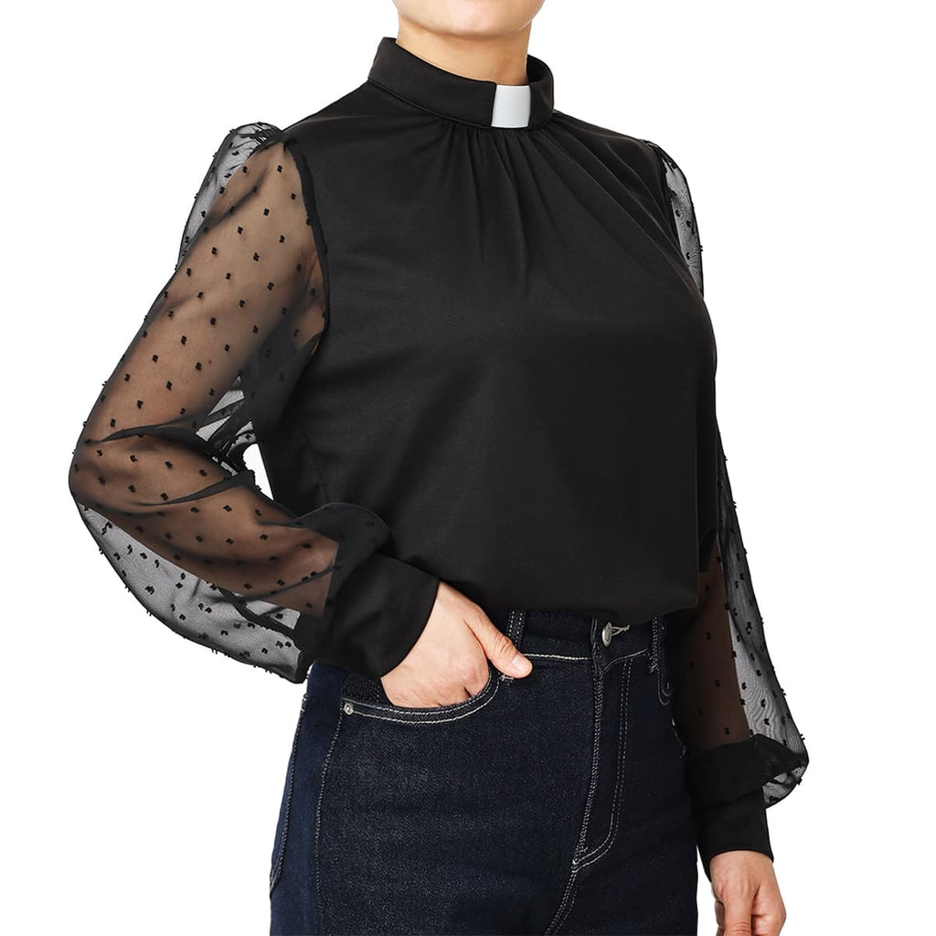 Blessume Polka-Dot & Long-Sleeved Semi-Sheer Blouse