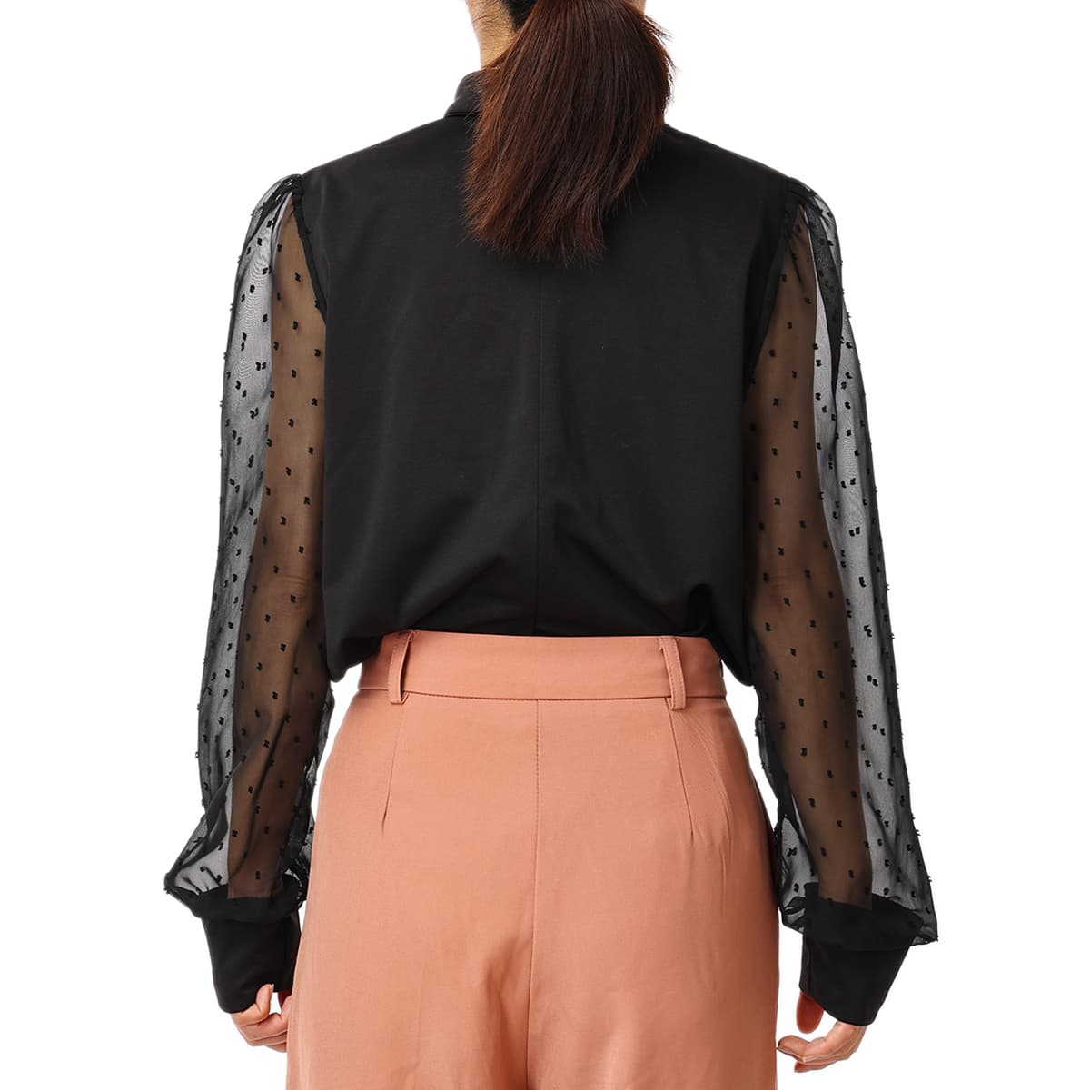 Blessume Polka-Dot & Long-Sleeved Semi-Sheer Blouse