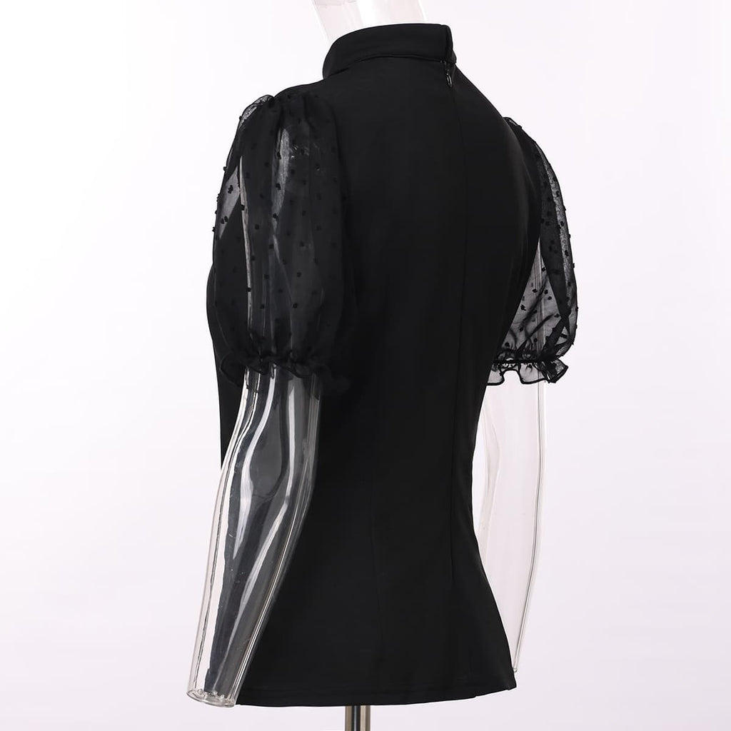 Blessume Mesh Lantern-Sleeved & Tab Collar Slim Clergy Blouse