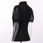 Blessume Mesh Lantern-Sleeved & Tab Collar Slim Clergy Blouse