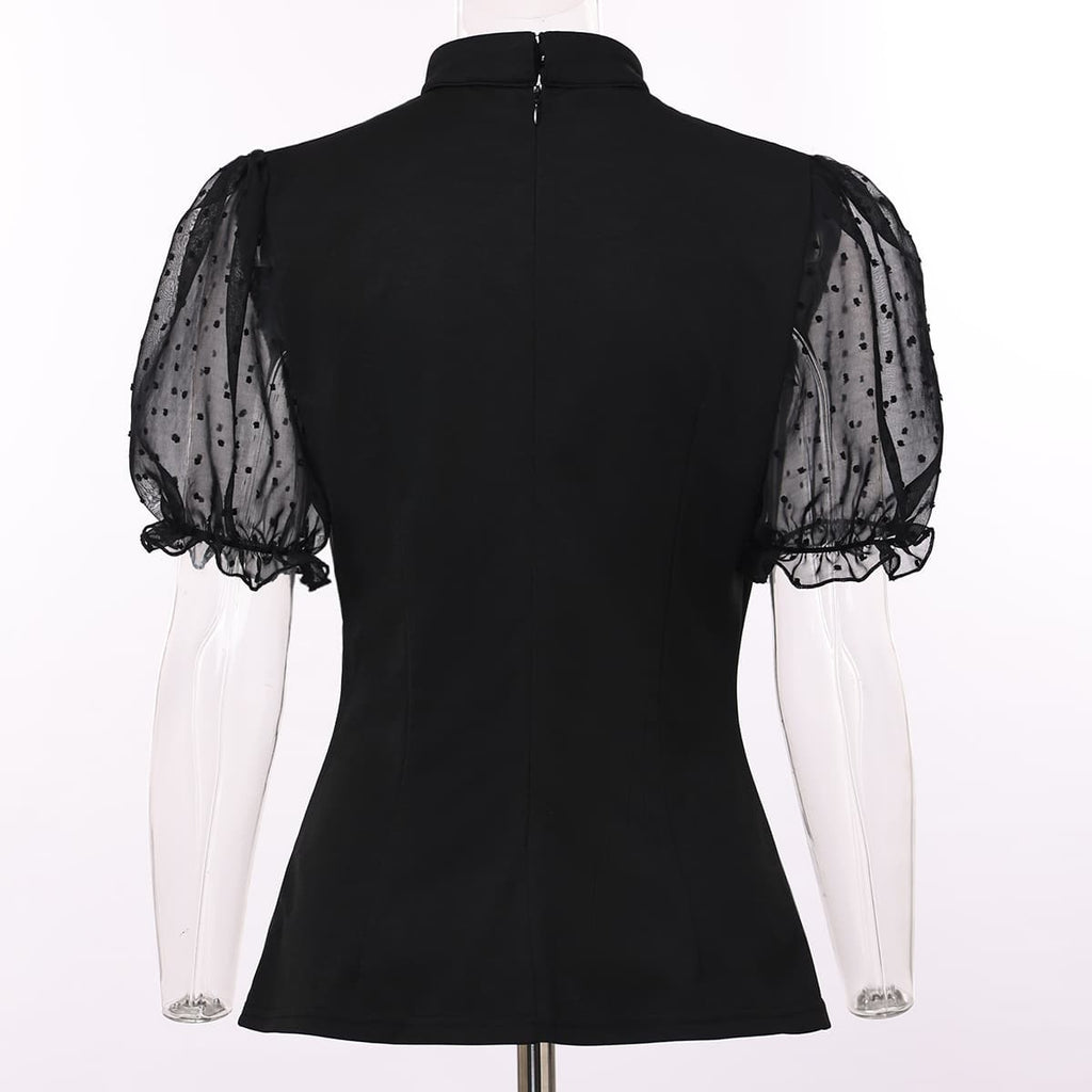 Blessume Mesh Lantern-Sleeved & Tab Collar Slim Clergy Blouse