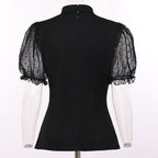 Blessume Mesh Lantern-Sleeved & Tab Collar Slim Clergy Blouse