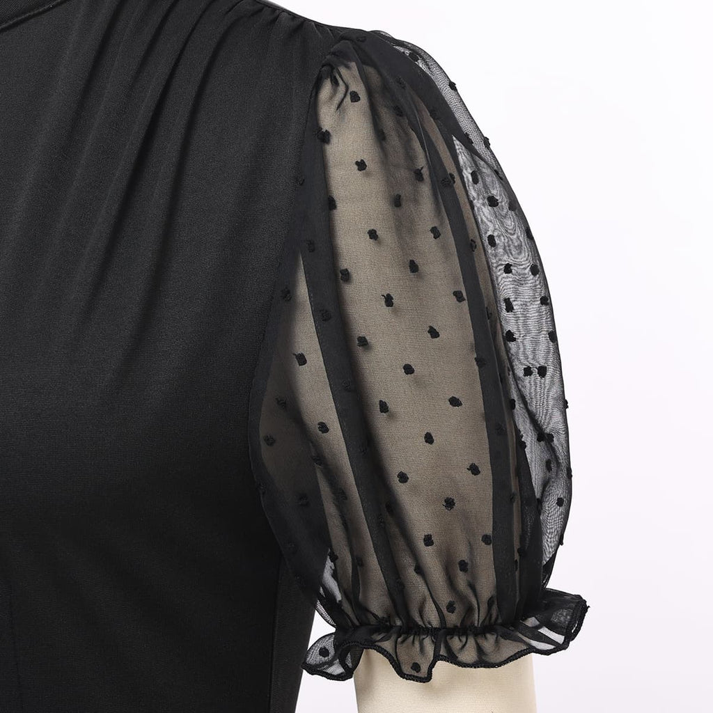 Blessume Mesh Lantern-Sleeved & Tab Collar Slim Clergy Blouse
