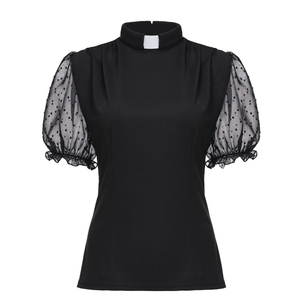 Blessume Mesh Lantern-Sleeved & Tab Collar Slim Clergy Blouse