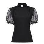 Blessume Mesh Lantern-Sleeved & Tab Collar Slim Clergy Blouse