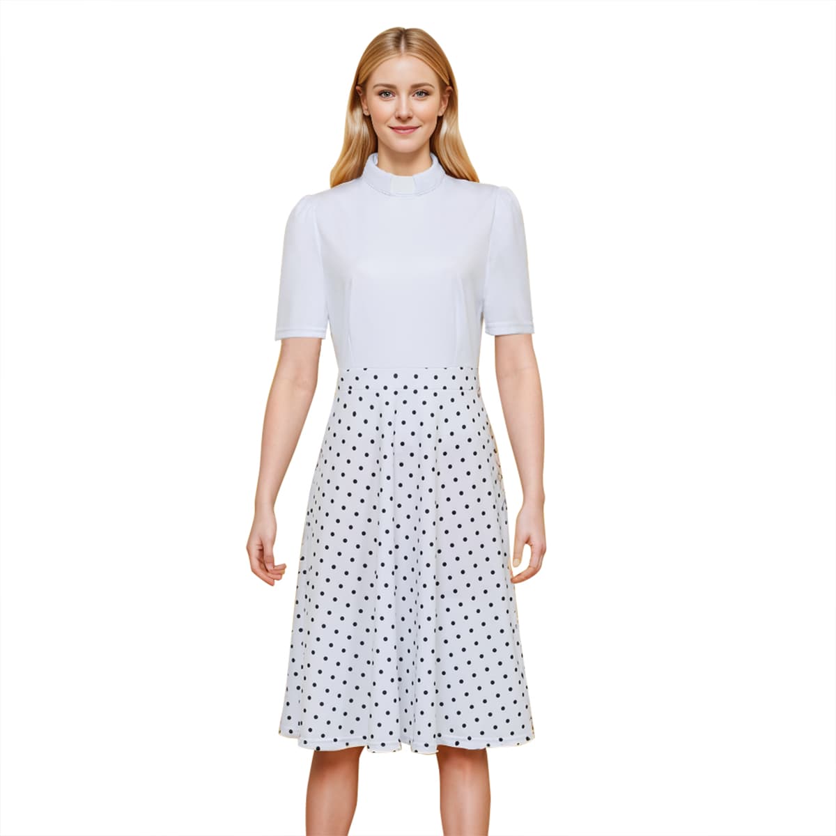 Blessume Polka-Dot & A-Line Clergy Tab-Collar Dress