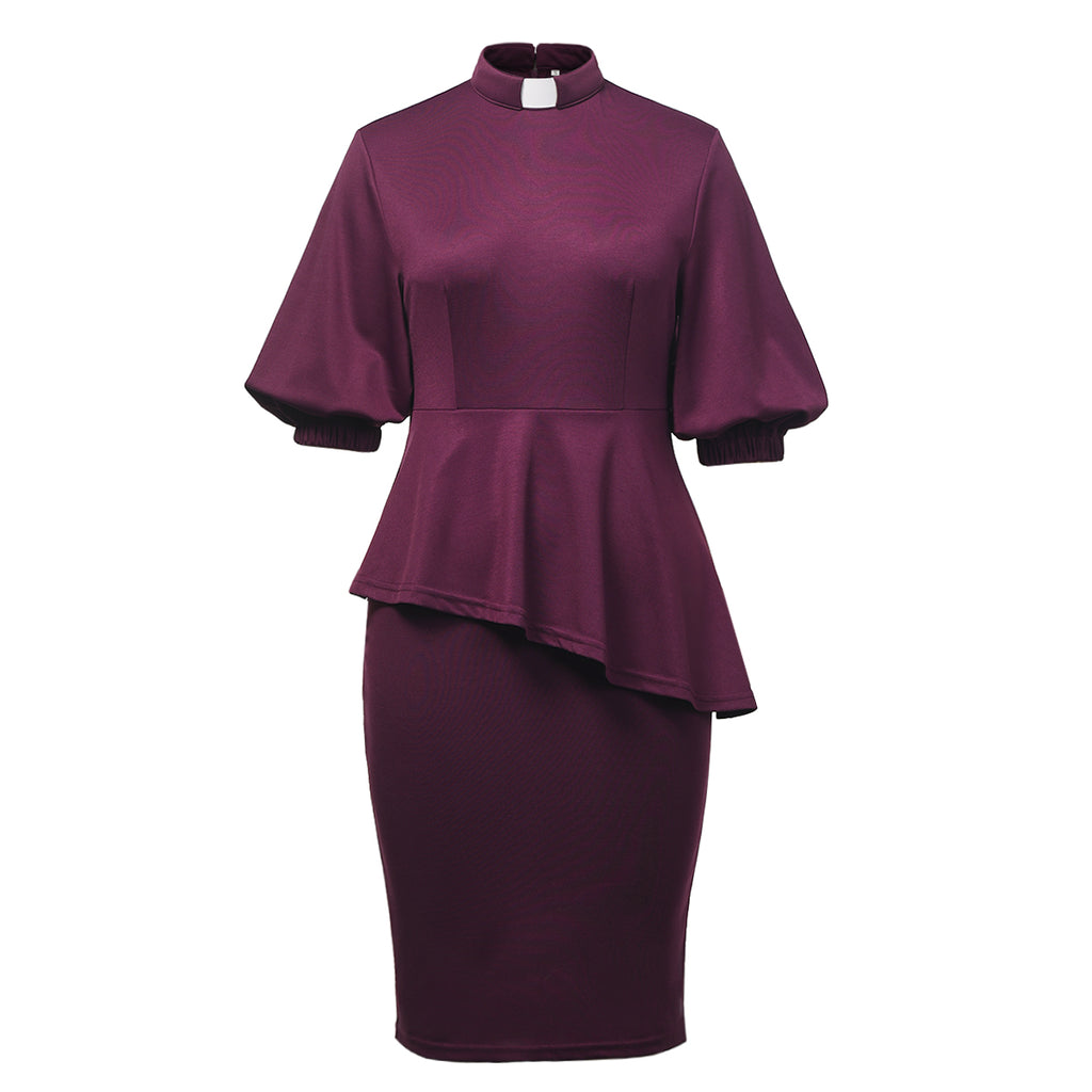 Blessume Women's Peplum Waist Lantern Sleeve Clergy Dress